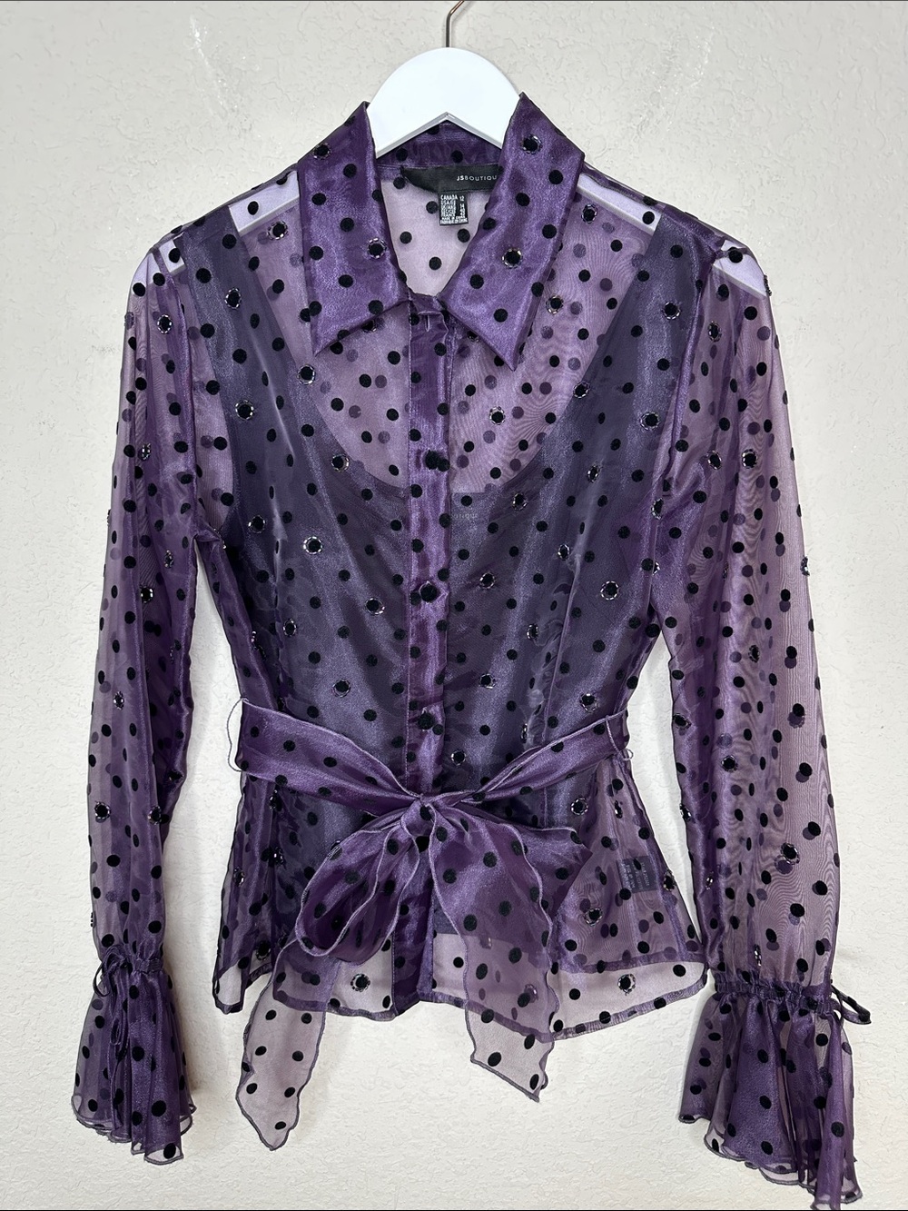 JS Boutique Women's Sheer Purple Polka Dot Blouse with Black Cami Size 12‎
